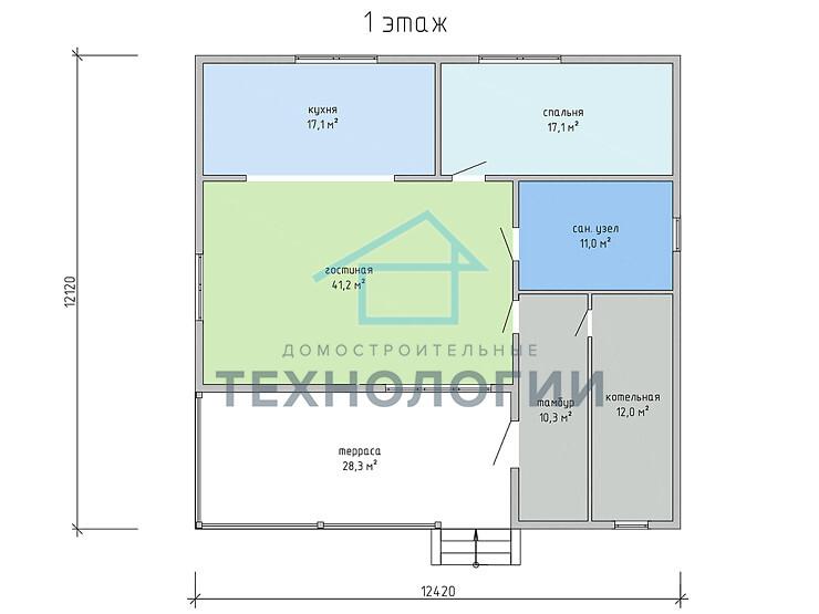 Скандинавский одноэтажный дом из бруса 12х12 с котельной Душица